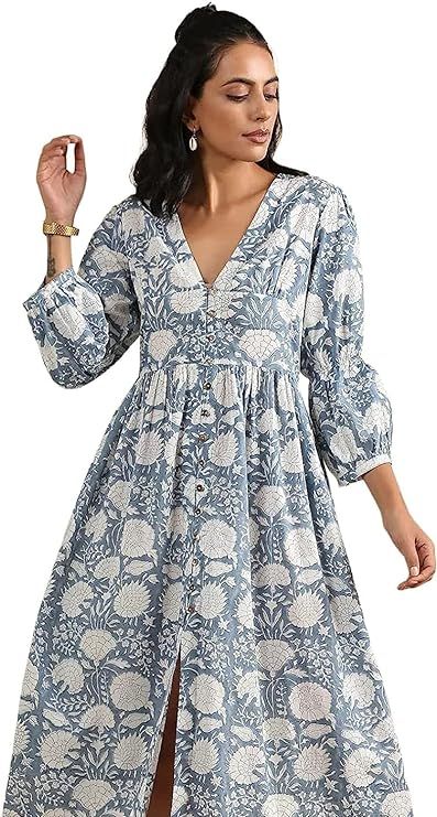 Deep V Neck HandBlock Print Cotton Floral Dress Women Summer Midi Dress | Amazon (US)