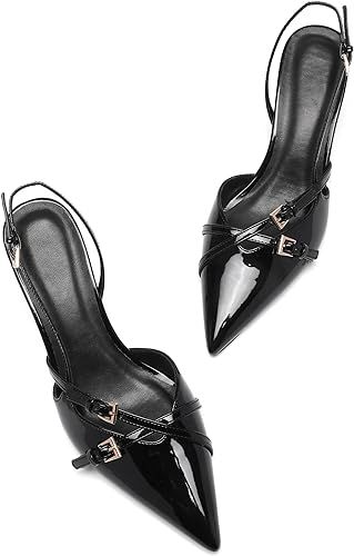 Heeled Slingback Kitten Heels for Women Closed Pointed Toe Pumps with Buckles | Amazon (US)