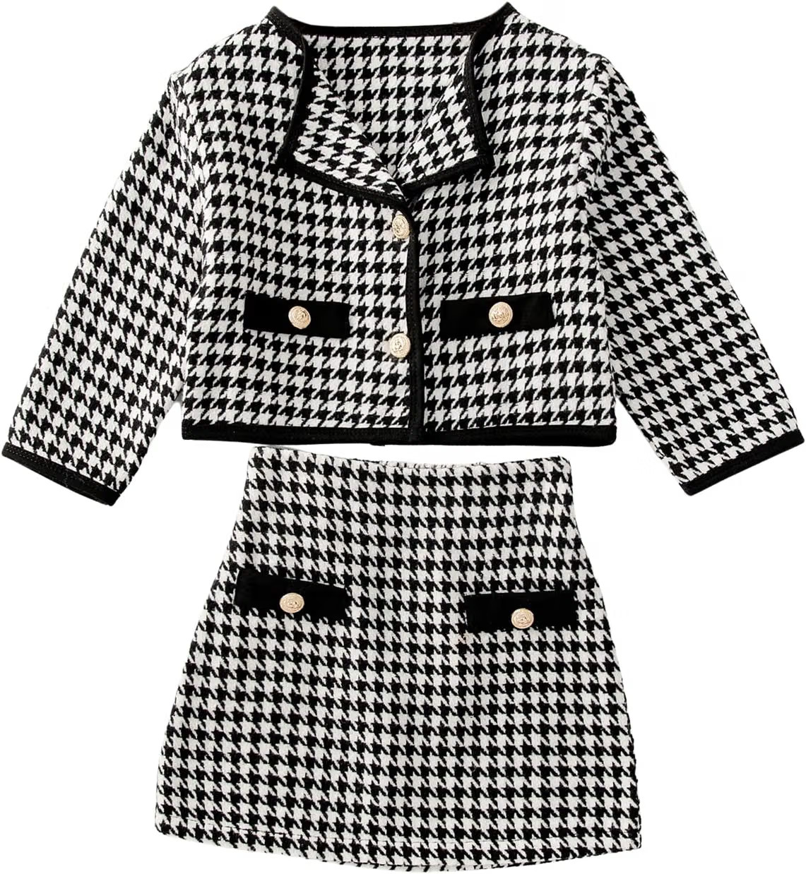 WDIRARA Girl's 2 Piece Houndstooth Outfits Tweed Jacket and Skirt Set | Amazon (US)