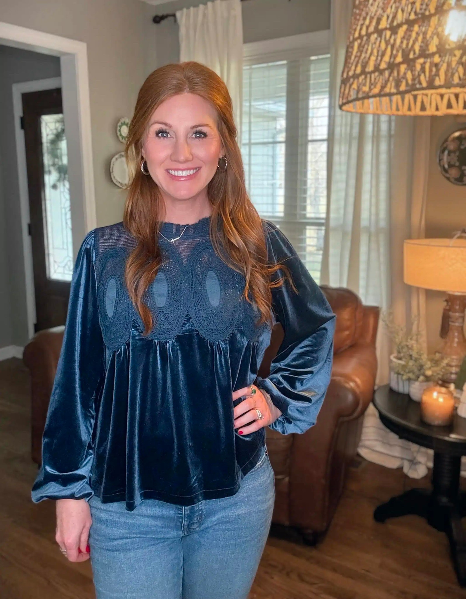 This velvet blouse is a great statement piece to add to your wardrobe! Stephanie is wearing the blue in a size small and it comes in several other great colors. Her jeans are Madewell and size 27. 

#LTKOver40 #LTKPetite #LTKWorkwear