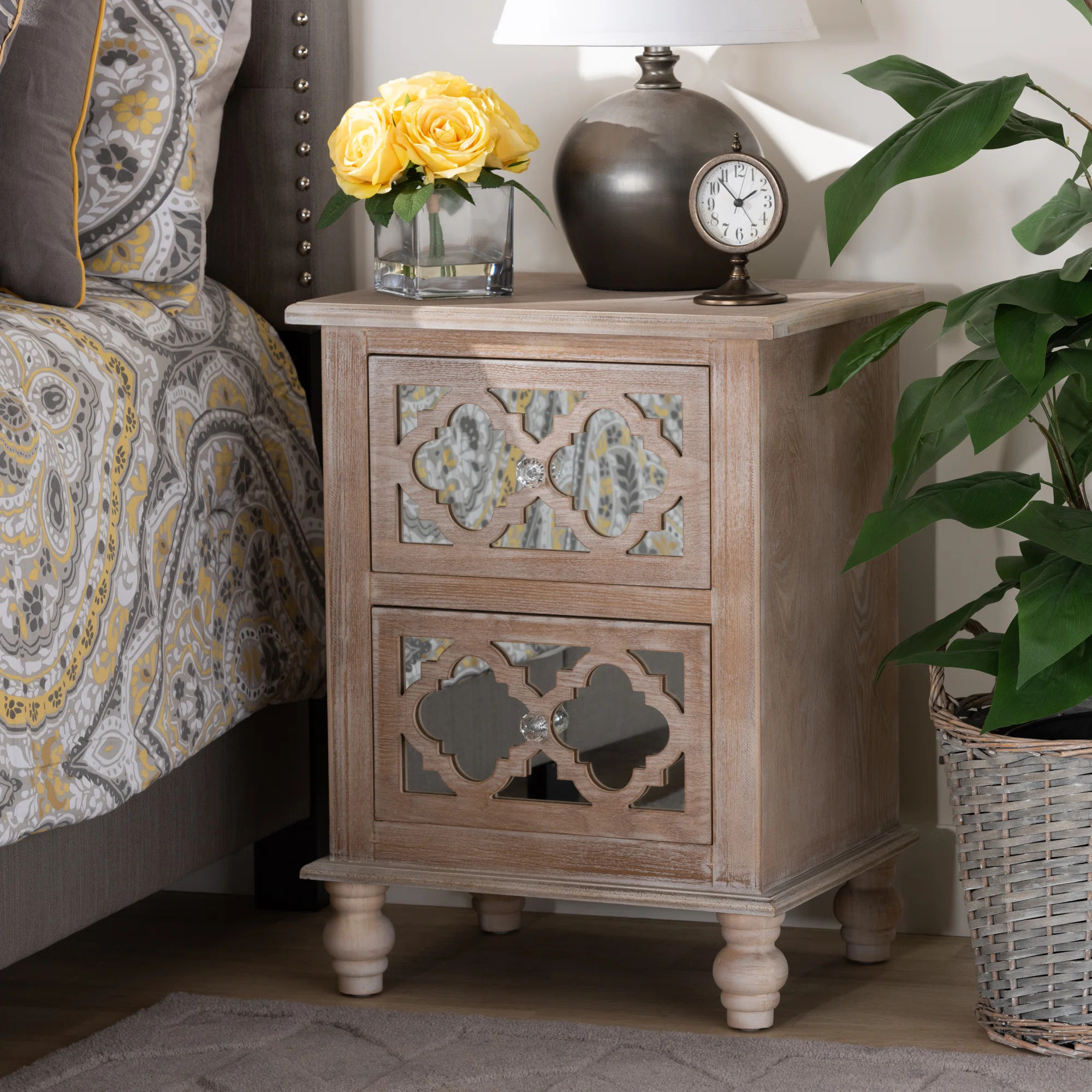 Celia Transitional Rustic French Country Washed Wood and Mirror 2-Drawer Quatrefoil End Table | Wayfair North America