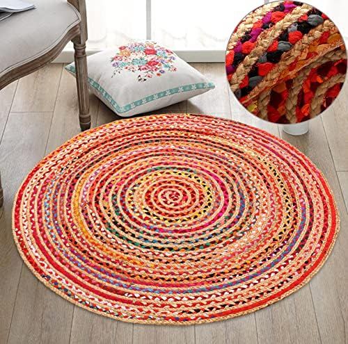 Jute Multi Chindi Round Braided, Hand Woven Reversible, Multi Colored Indian Mat Recycled Rug, Bo... | Amazon (US)