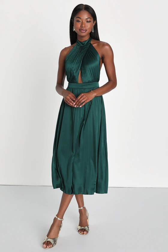 Totally Charming Emerald Green Satin Pleated Halter Midi Dress | Lulus (US)