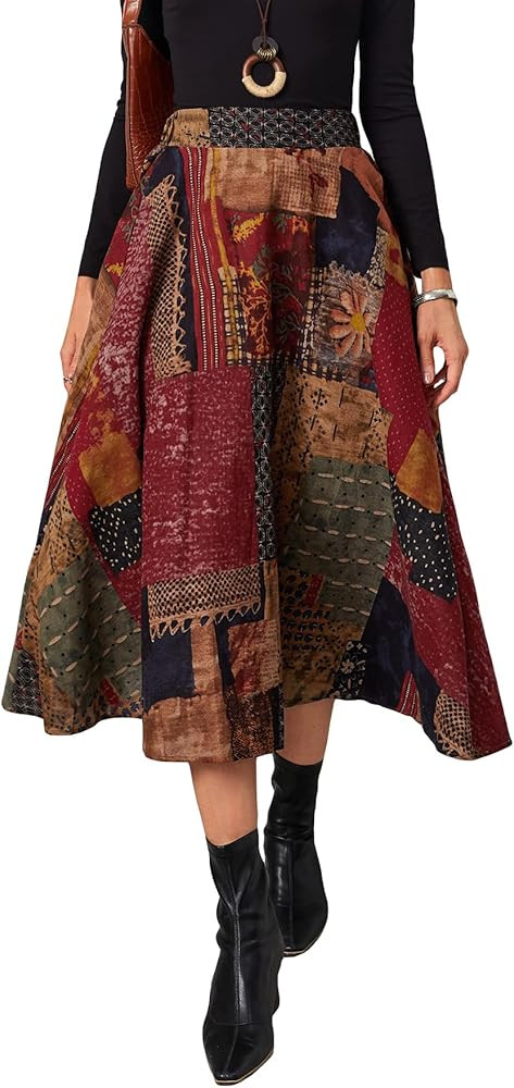 WDIRARA Women's Patchwork Skirt High Waisted A Line Flowy Boho Vintage Midi Skirt | Amazon (US)