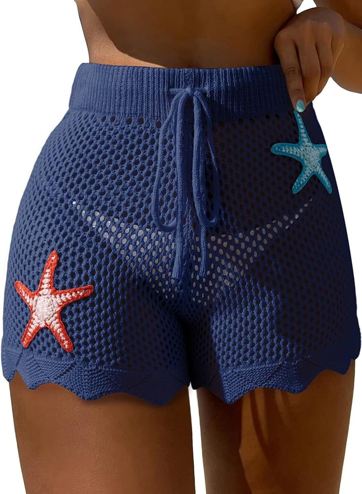 Dokotoo Womens Swim Shorts 2026 Embroidery Color Block Crochet Hollow Out High Waist Drawstring B... | Amazon (US)