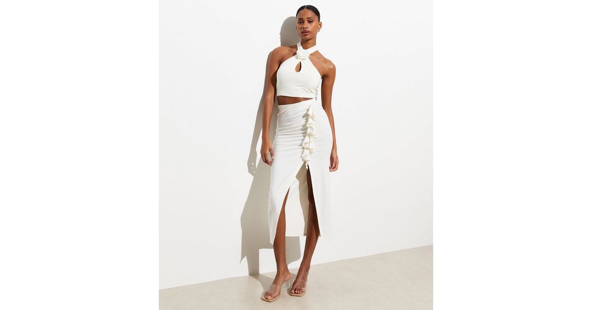 Off White Ruffle Split Hem Midi Skirt | New Look | New Look (UK)