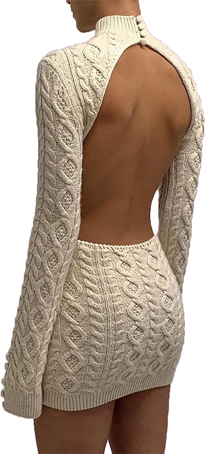 AnotherChill Women's Backless Sweater Dress Cable Knit Turtleneck Long Sleeve Dress Sexy Cut Out ... | Amazon (US)