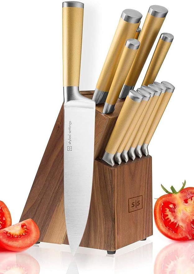 Gold Knife Set with Walnut Knife Block, 13-piece Kitchen Knives Stainless Steel Gold Knives Set, ... | Amazon (US)