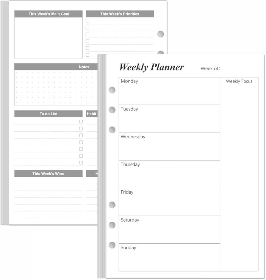 Weekly Planner Refills for A5 Binders - 53 Sheets/106 Pages Undated Weekly Planner, 6-Hole Punche... | Amazon (US)