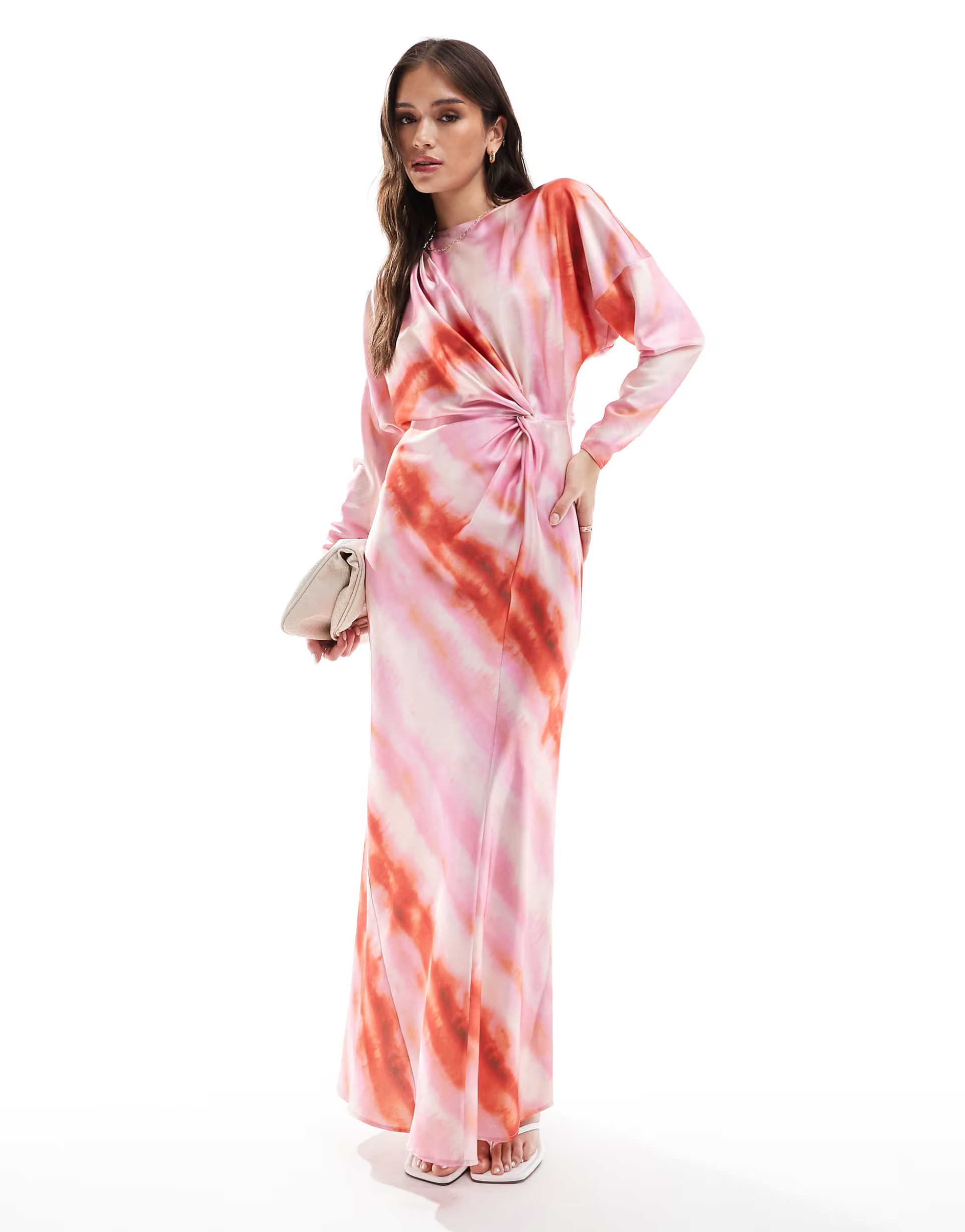 ASOS DESIGN twist front batwing sleeve satin maxi dress in blurred print | ASOS (Global)
