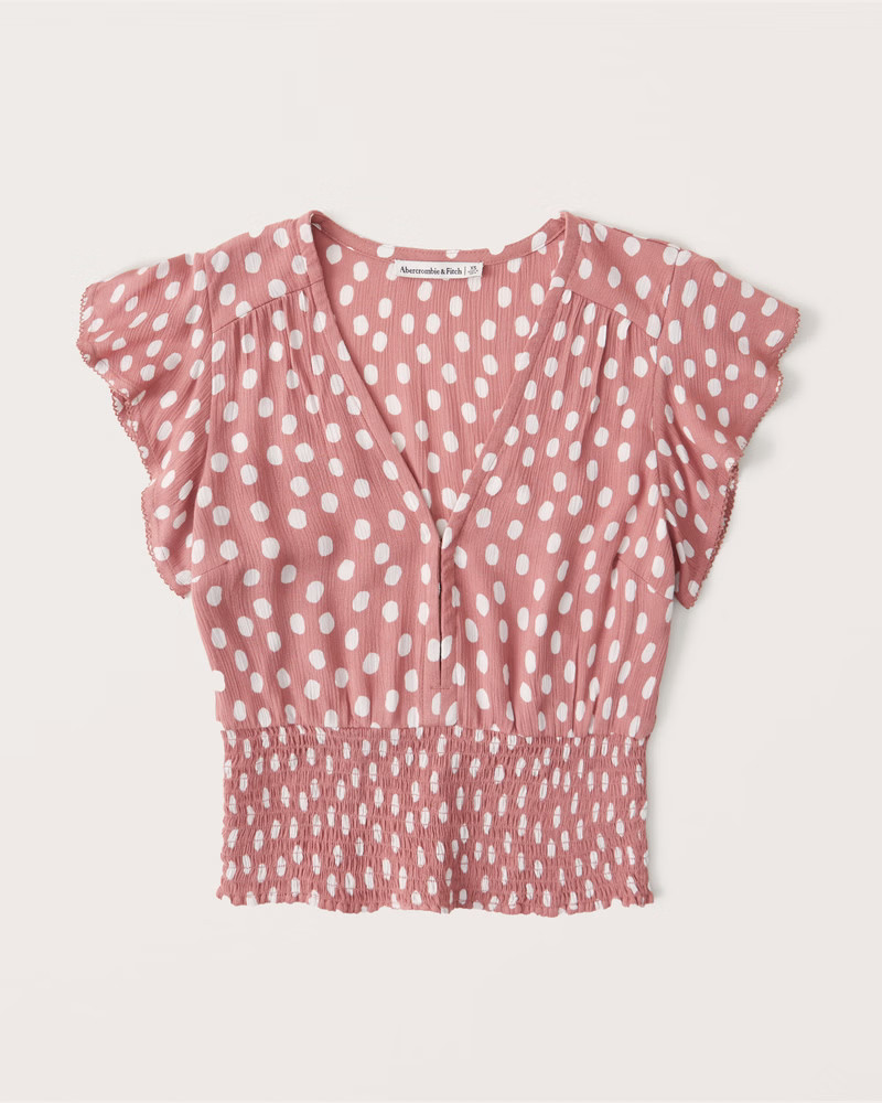 Short-Sleeve Smocked Waist Flutter Sleeve Blouse | Abercrombie & Fitch (US)