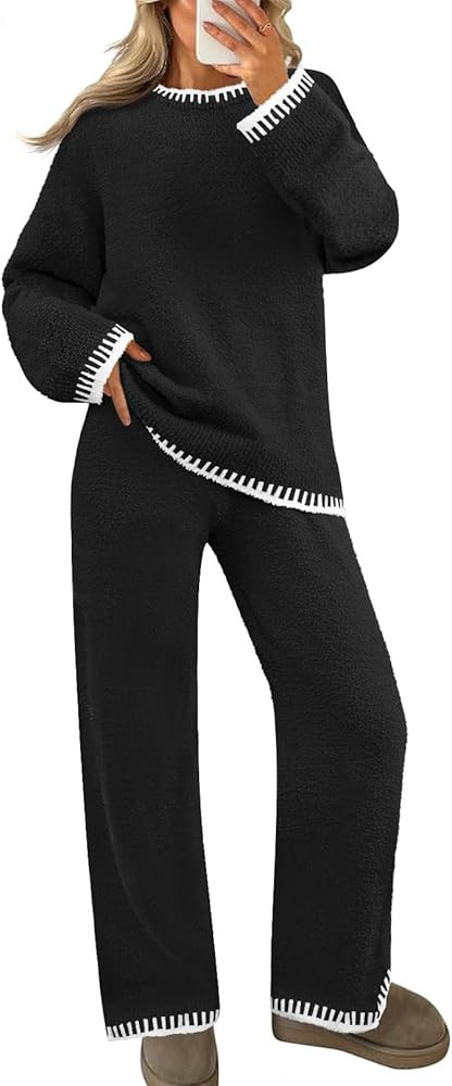 MEROKEETY Women's 2 Piece Fuzzy Fleece Lounge Sets Long Sleeve Top Wide Leg Pants Sweater Pajama ... | Amazon (US)
