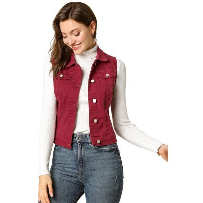 INSPIRE CHIC Women's Buttoned Washed Denim Vest with Faux Chest Flap Pockets X-Small Burgundy | Target