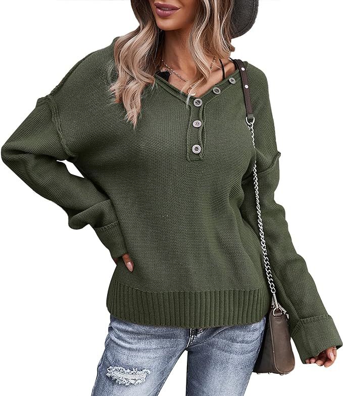 WDSTYLE Women's Long Sleeve V Neck Sweaters Loose Fit Casual Button Knit Pullover Sweater Oversiz... | Amazon (US)