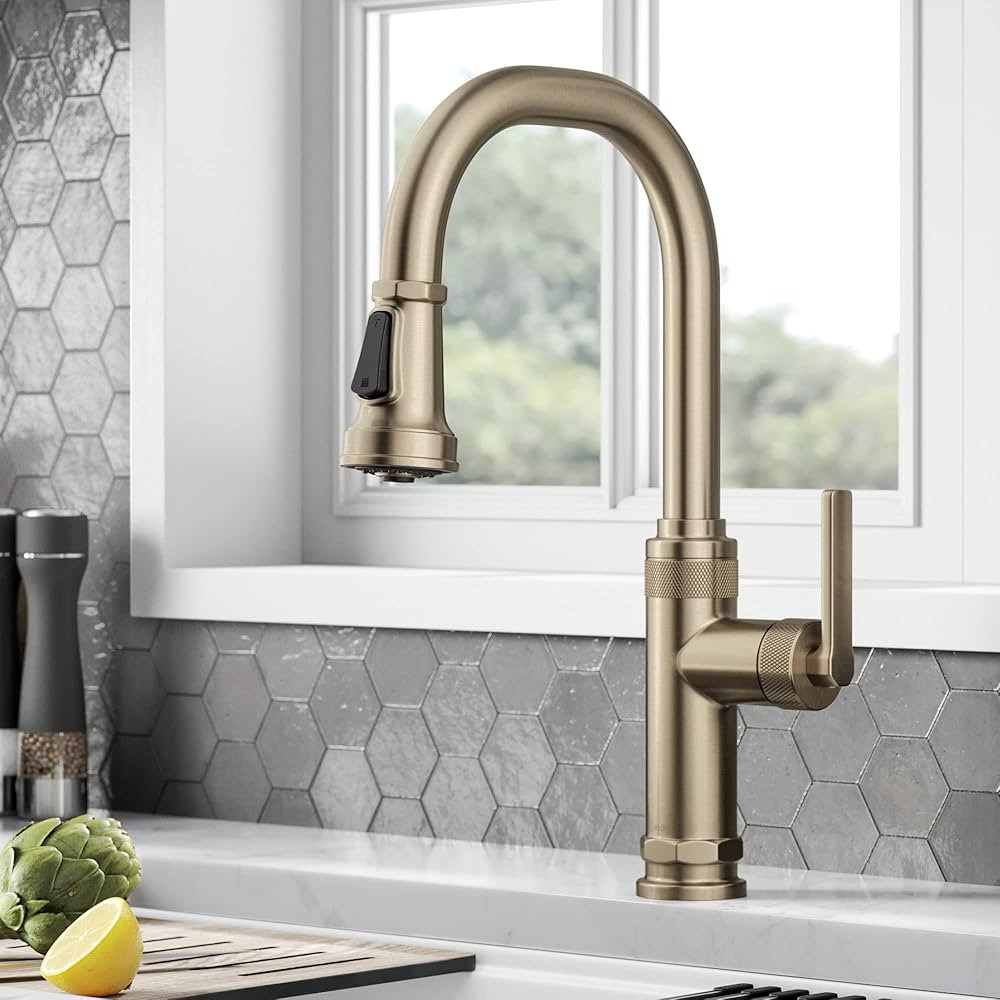 KRAUS Allyn Industrial Pull-Down Single Handle Kitchen Faucet in Spot-Free Antique Champagne Bron... | Amazon (US)