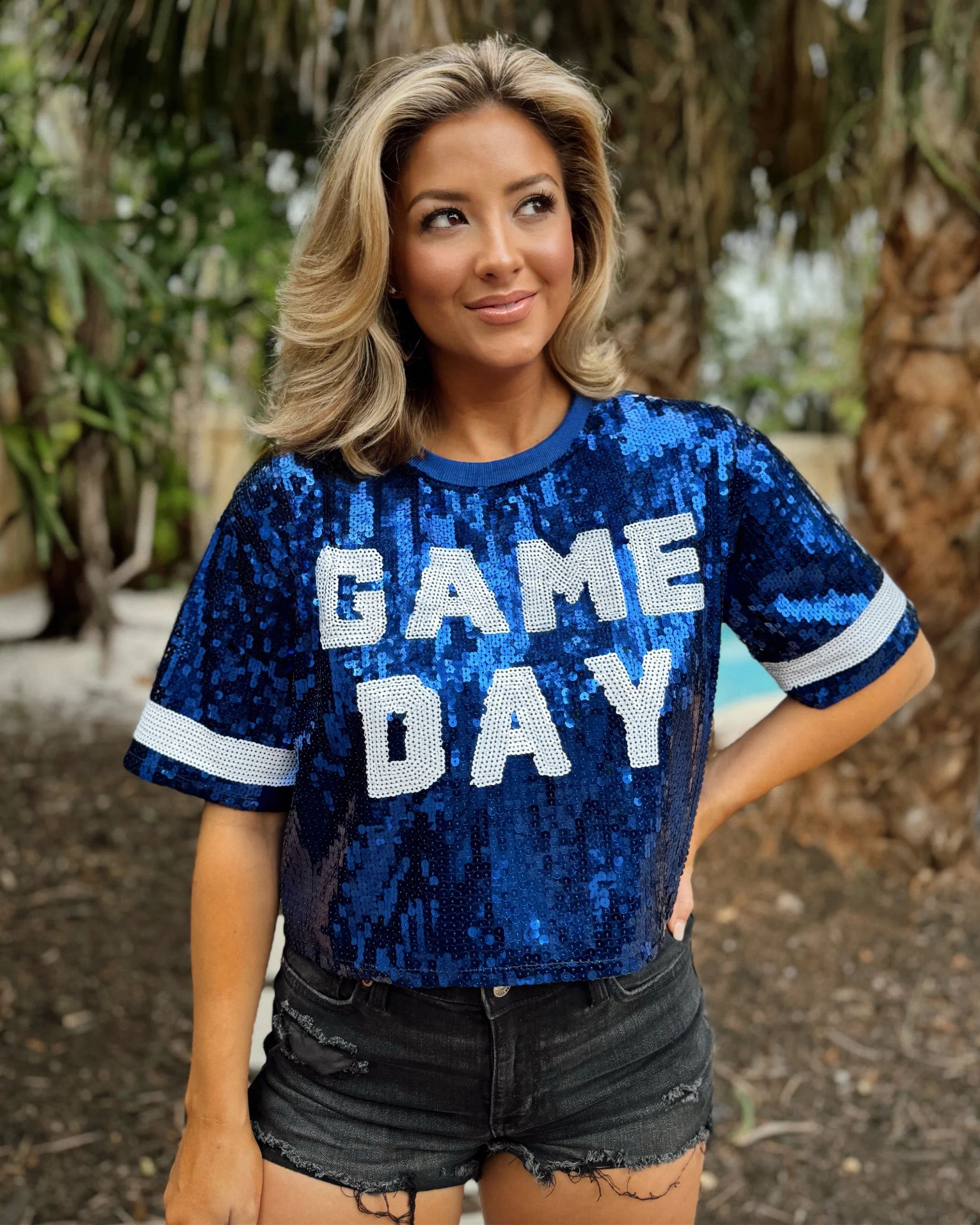 Blue Sequin “GAME DAY” Crop | Live Love Gameday®