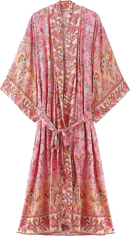 R.Vivimos Women's Vintage Floral Print Beach Boho Cardigan Kimono Maxi Swimwear Cover up Dress Wrap | Amazon (US)