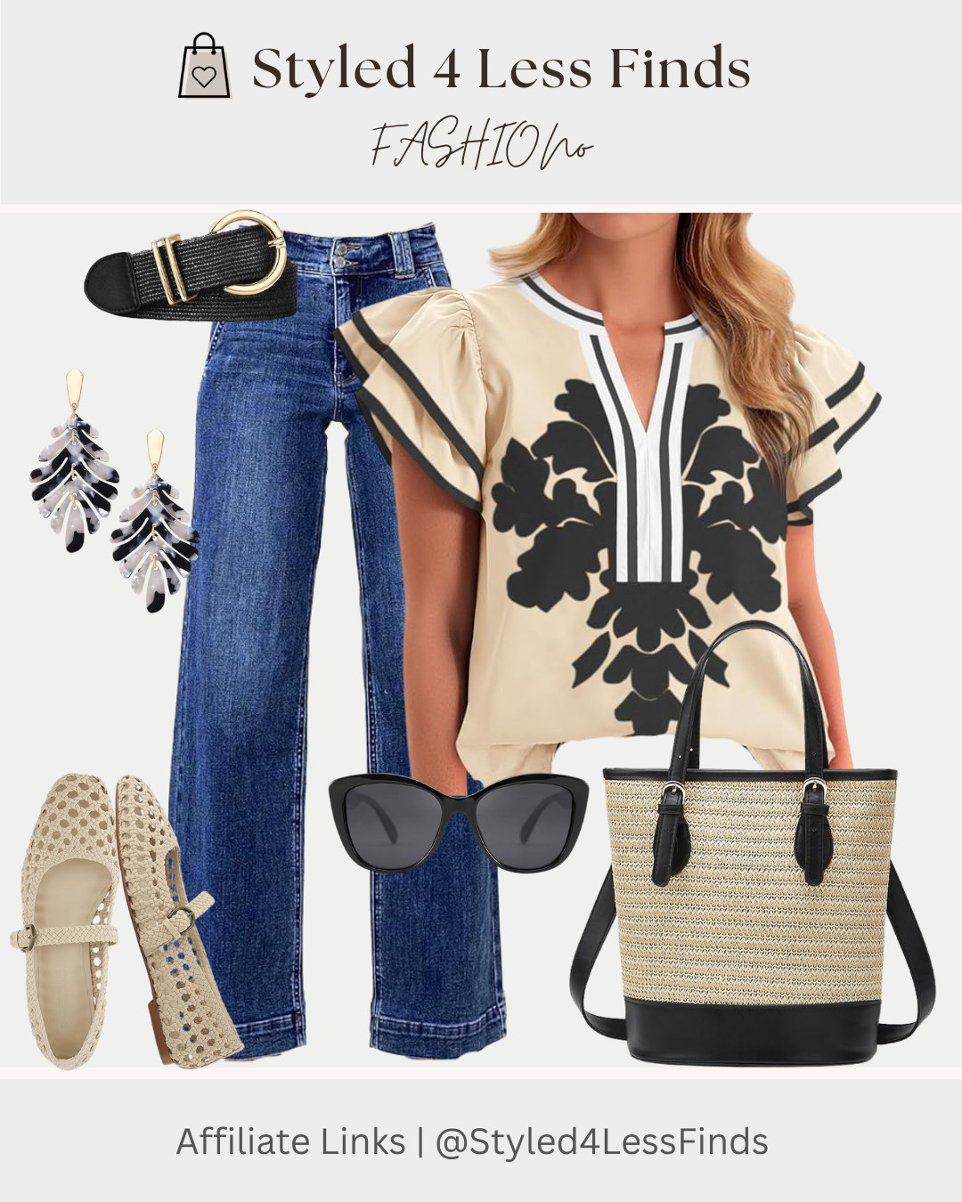 Black, cream, and denim is a combination that always feels effortlessly chic! This look pairs a statement flutter-sleeve blouse with relaxed wide-leg denim, woven flats, and a straw tote for the perfect blend of polished and casual. Whether you're heading to brunch, shopping, or a summer getaway, this outfit is an easy win. 🤍🖤👖

💡 Style Tip: When wearing a bold printed top, keep the rest of your accessories neutral and textured. Natural woven pieces and classic denim let the statement top shine while creating a balanced, elevated look. 

 #LTKcanada #LTKsummer #LTKjeans