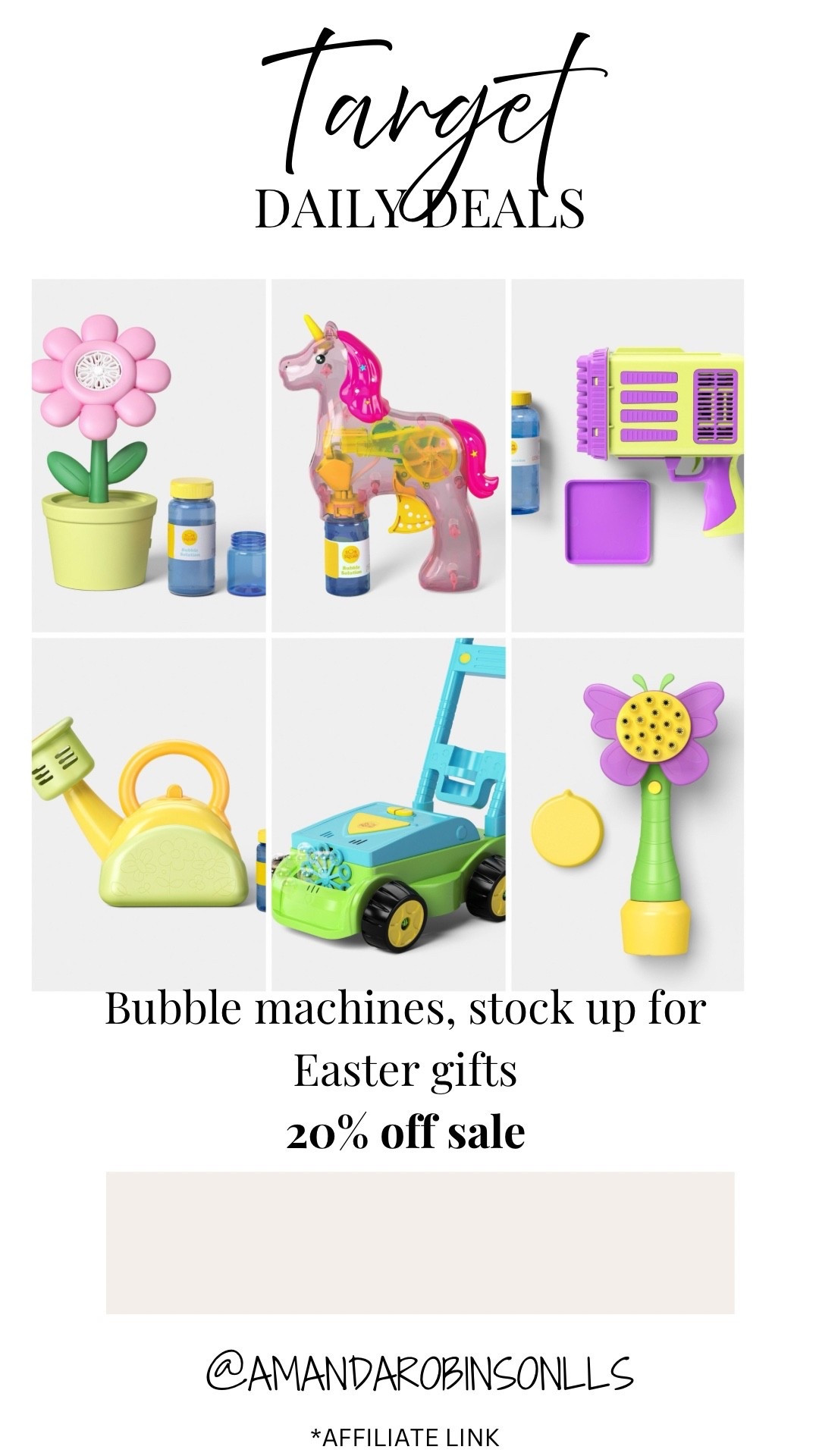 Target daily deals
Bubble machines 20% off entire

#LTKKids #LTKSaleAlert