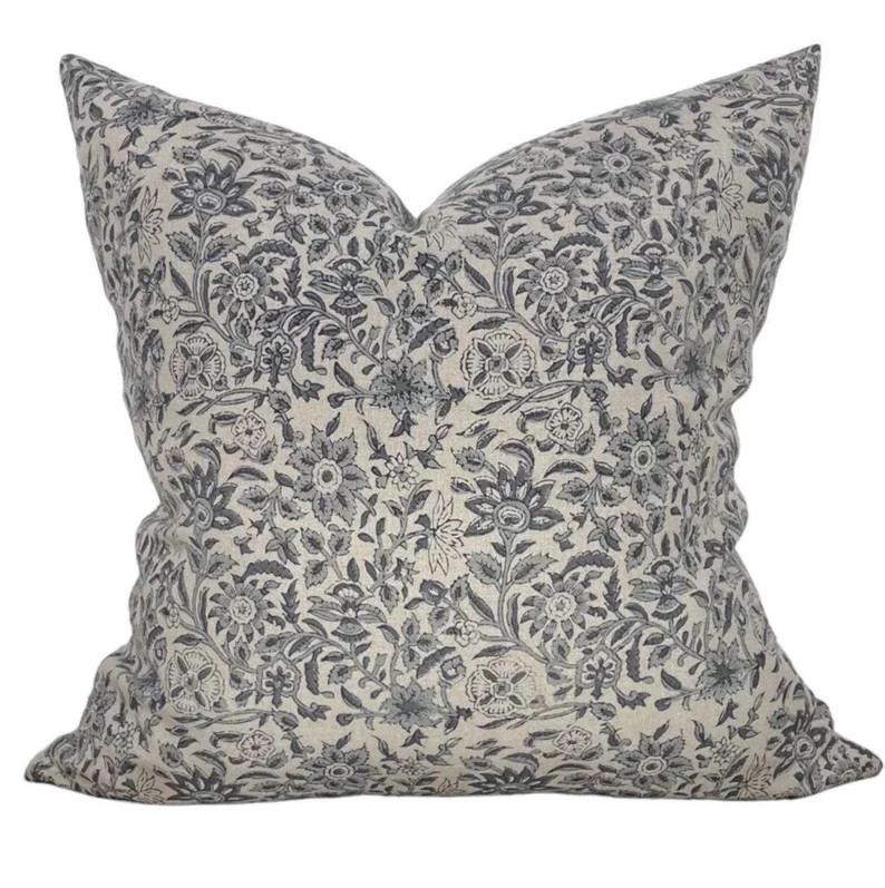 Floral Pillow Cover: Designer Ventura Natural Linen, Blue Grey - Etsy | Etsy (US)