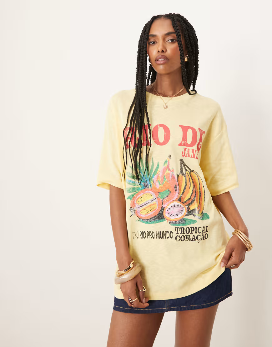 ASOS DESIGN oversized slubby t-shirt with rio de janeiro fruit graphic in yellow | ASOS (Global)