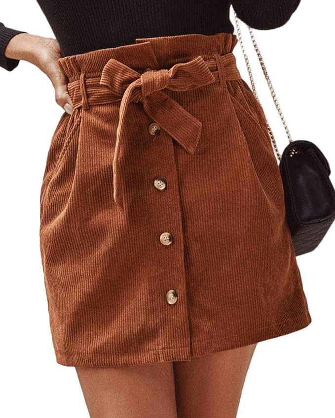ebossy Women's Paperbag High Waist Button Front Corduroy Mini Skirt with Belt | Amazon (US)