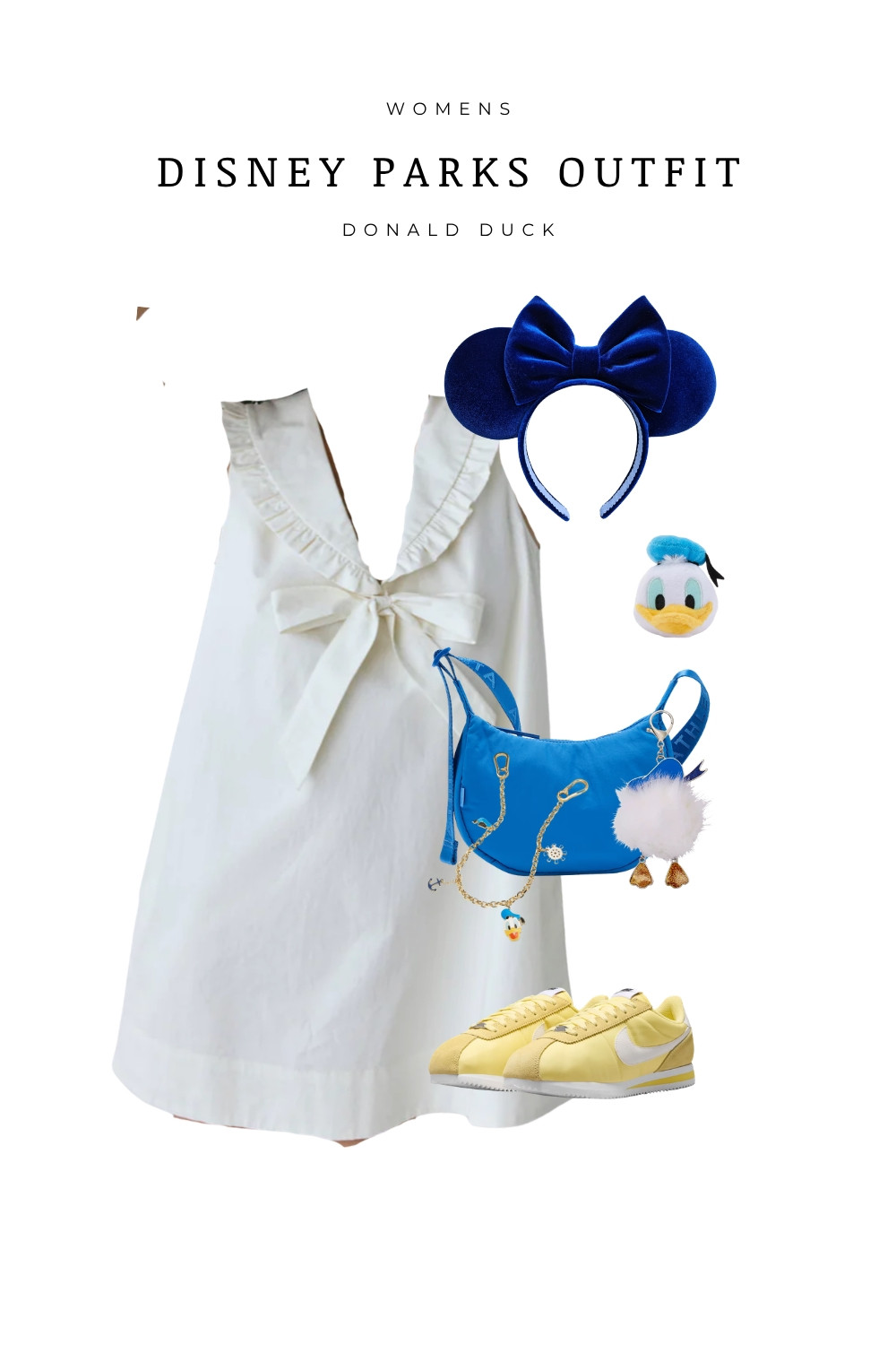 Donald Duck Disneybound outfit idea for women featuring a white bow dress, blue accessories, and yellow sneakers inspired by classic Disney style. Perfect Disney parks outfit for summer, cute Disneyland or Disney World look, and comfortable walking outfit. Great for Disneybounding fans looking for stylish and easy character outfits.

#LTKootd