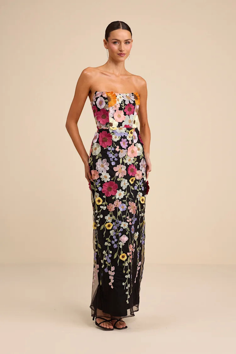 Macario Black Multi 3D Floral Embroidered Strapless Maxi Dress | Lulus