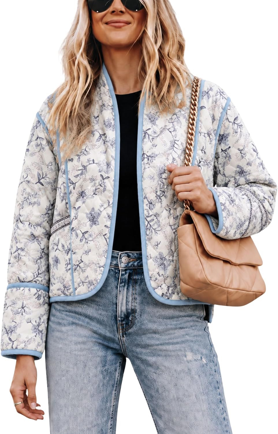 Womens Reversible Floral Quilted Jacket Crop Open Front Puffer Coat | Amazon (US)