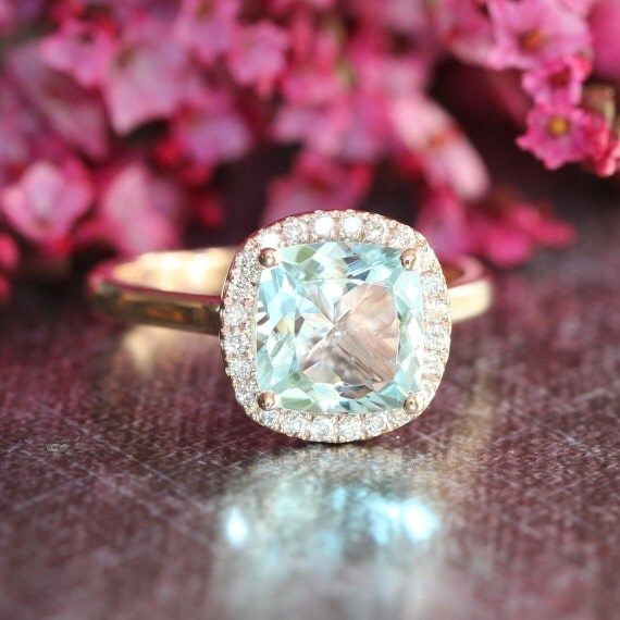 Natural Aquamarine Engagement Ring in 14k Rose Gold 8x8mm Cushion Aquamarine Ring Halo Diamond Weddi | Etsy (US)