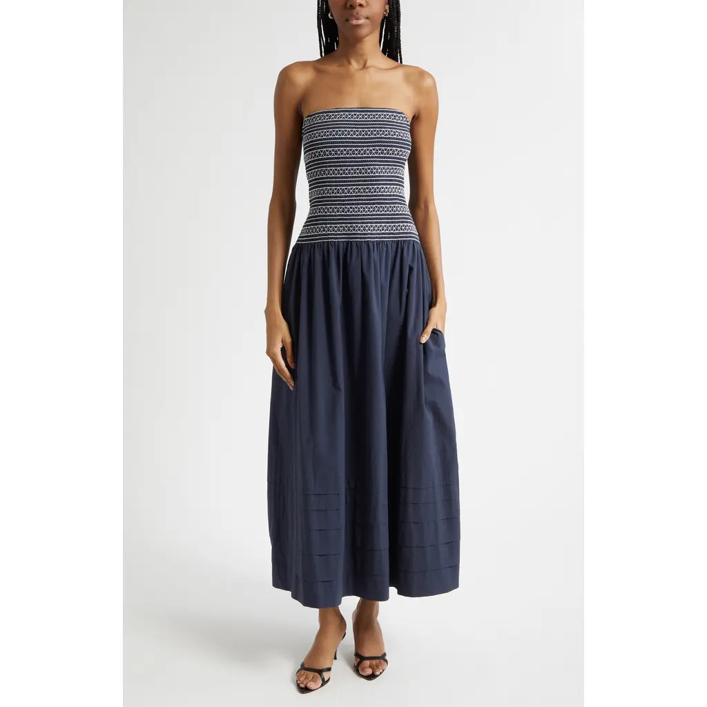 Ramy Brook Jace Cotton Poplin Strapless Smocked Maxi Dress in Navy at Nordstrom, Size Medium | Nordstrom