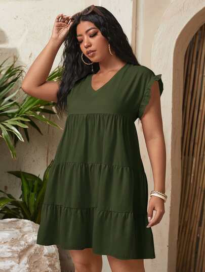 Plus Solid V Neck Smock Dress | SHEIN
