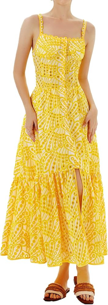 Women Lace Up Cami Maxi Dress Boho Summer Dress Casual Sun Dress Fresh Pattern Classic Beach Dres... | Amazon (US)