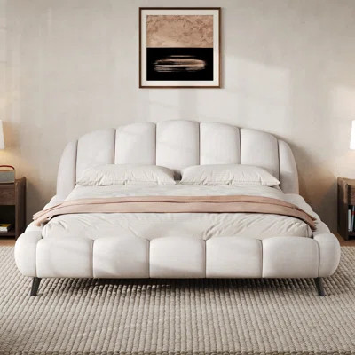 Chenille Upholstered Platform King Size Bed With Shell-Shaped Headboard & Footboard | Wayfair North America
