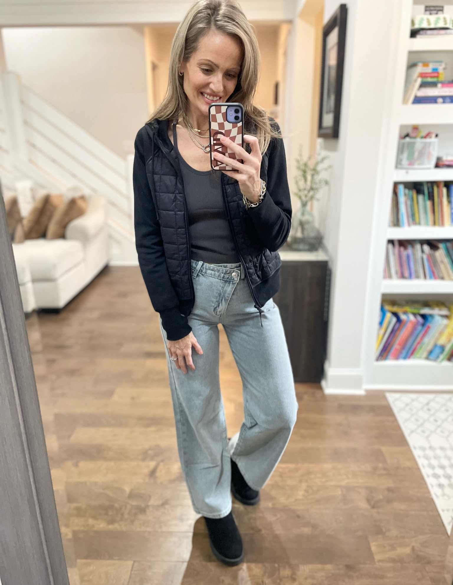 Crisscross waist, wide leg jeans | quilted hoodie jacket | layered necklace 

#LTKSeasonal #LTKstyletip #LTKover40