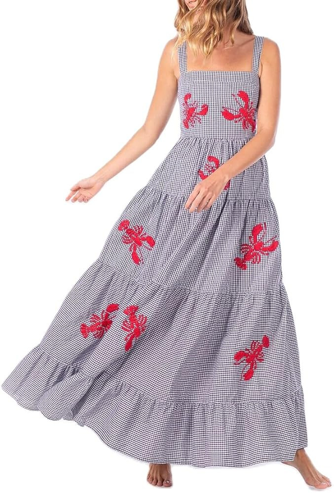 Argeousgor Women 2024 Bohemian Maxi Dress Sleeveless Embroidered Flowy Smocked Long Dress Summer ... | Amazon (US)