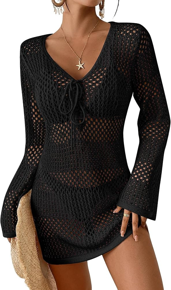 Bsubseach Women Swimsuit Crochet Coverup Long Sleeve V Neck Beach Knit Bathing Suits Cover Ups Me... | Amazon (US)