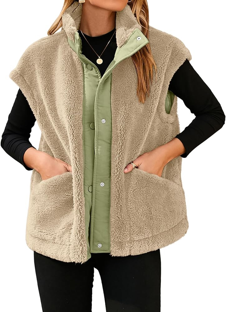 Glamaker Womens Fuzzy Fleece Vest Casual Loose Sherpa Vest Faux Fur Button Down Sleeveless Jacket... | Amazon (US)