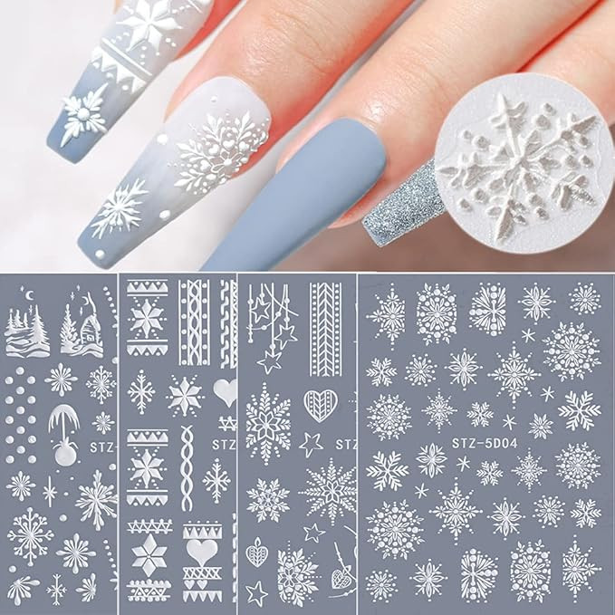 Snowflake Nail Art Sticker Decals 5D Embossed Christmas French White Snowflake Nail Art Supplies ... | Amazon (US)