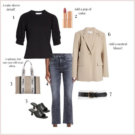 Create a chic look with neutral colors. 
Black knit tip, grey jeans, tote, blazer, belt, slides, and lipstick.  

#LTKFind #LTKunder50 #LTKstyletip