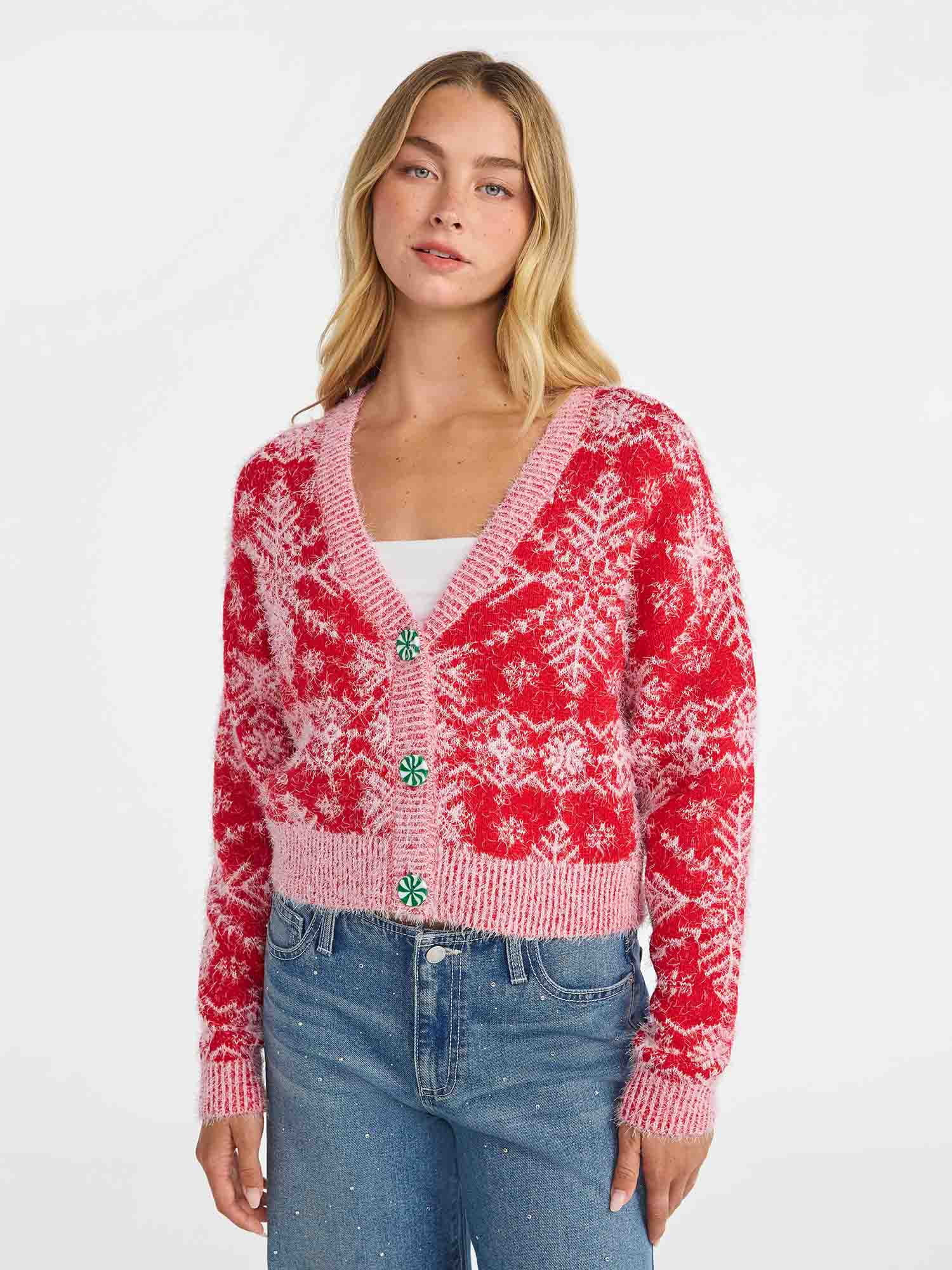 No Boundaries Embroidered Christmas Cardigan, Women's & Women's Plus | Walmart (US)