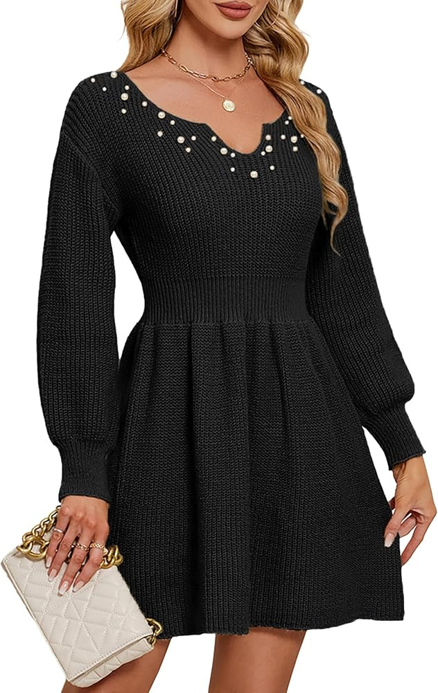 Womens Cute Sweet Heart Neck Pearl Sweater Dress Spring 2025 Outfits Pleated Knitted Mini Dresses | Amazon (US)