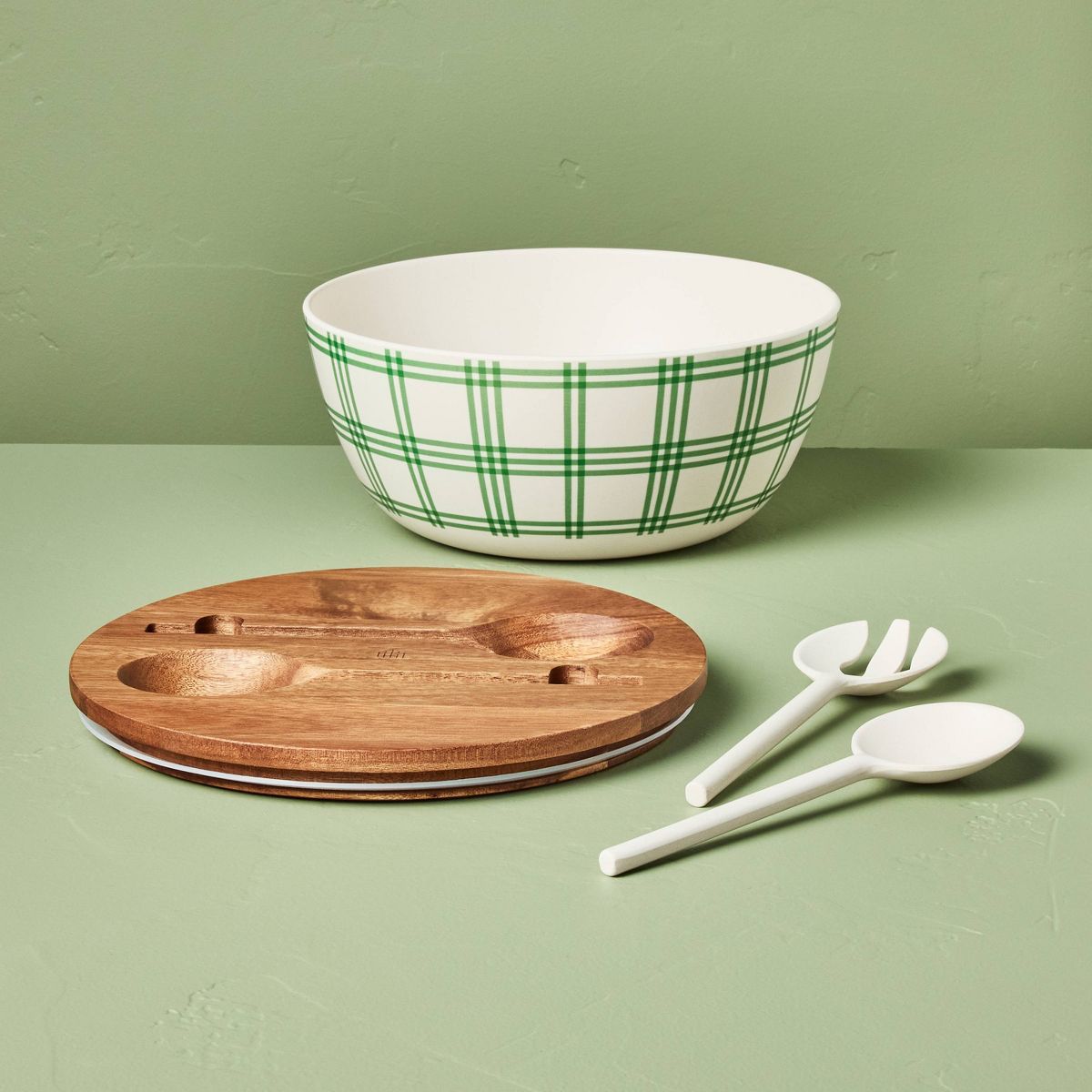4pc Tri-Stripe Plaid Melamine Serving Bowl and Utensil Set Green/Cream - Hearth & Hand™ with Ma... | Target