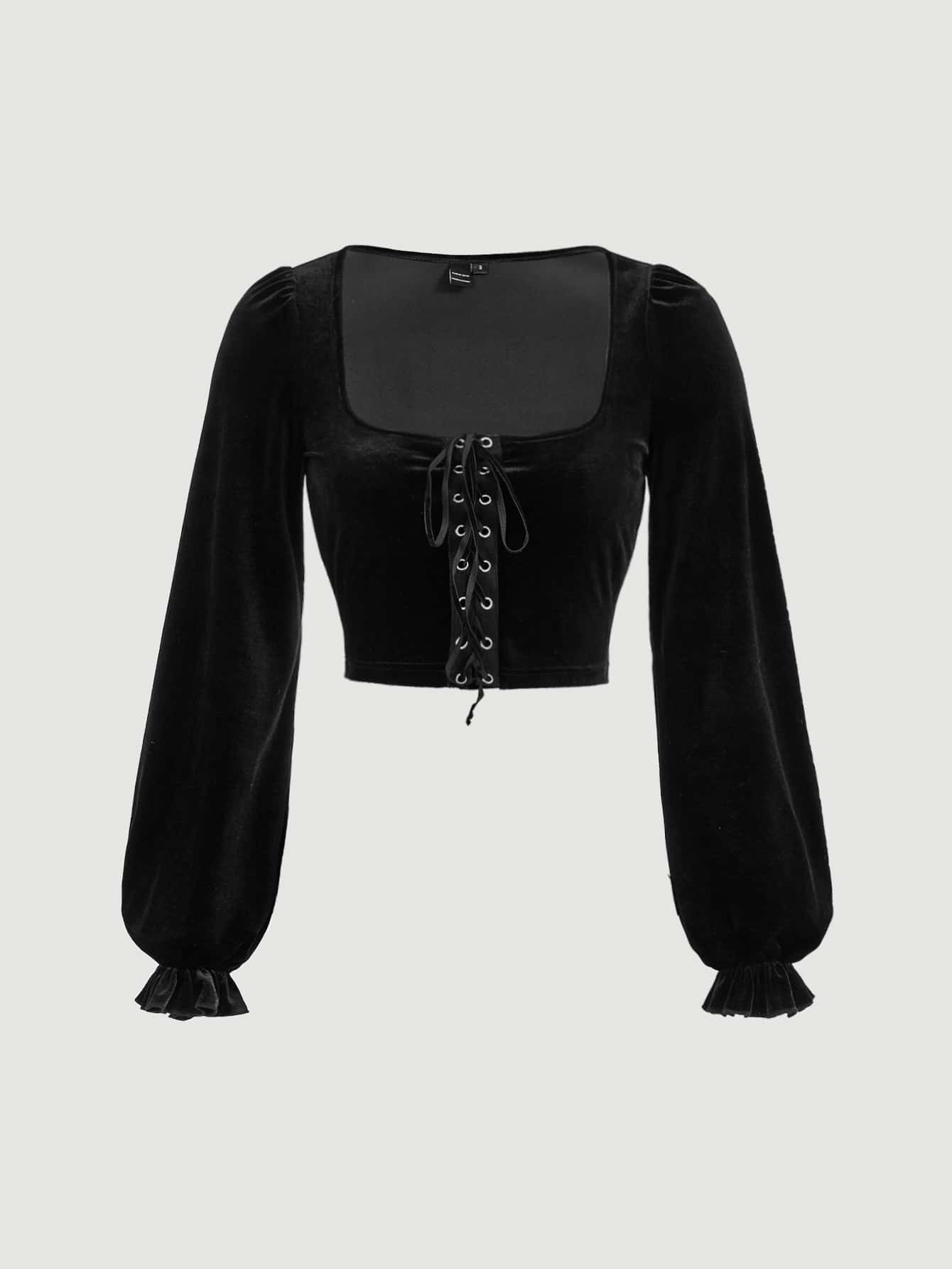 $10.49        
    (100+)
        
      SHEIN MOD Lace Up Front Flounce Sleeve Velvet Crop Top
 ... | SHEIN