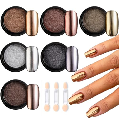 Chrome Nail Powder Set - 6 Colors Rose Gold Bronze Black Chrome Nail Powder, Mirror Effect for Nails, Metallic Rubbing Dust Chameleon Glitter Pigment Flakes, Manicure Salon Supplies | Amazon (US)