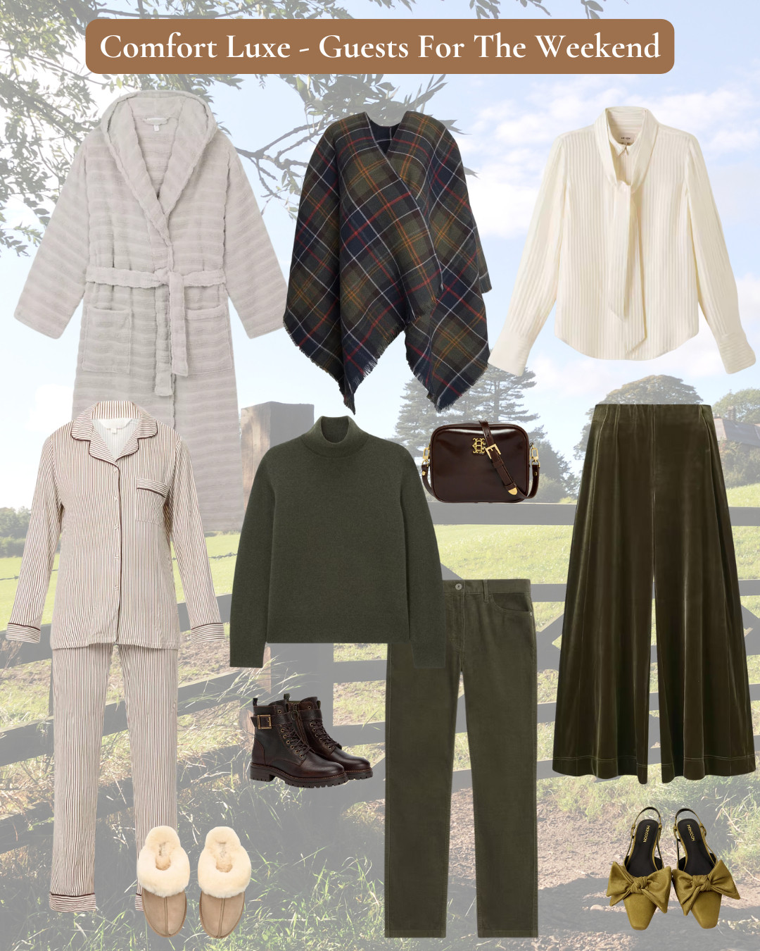 Entertaining guest for the weekend from morning coffee beside the fire in cosy robe, pyjamas and suede slippers, to pub lunch in cashmere, cords, tartan wrap and boots, to evening dinner in satin shirt and velour palazzos. 

 #LTKuk #LTKover50style #LTKstyletip