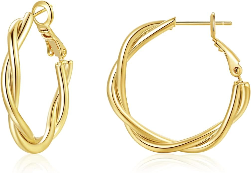 Hoop Earrings for Women, 14K Gold Sterling Silver Chunky Twisted Hoops Earring Hypoallergenic Ear... | Amazon (US)
