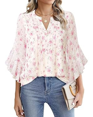 Timeson Women's 3/4 Sleeve Tops Dressy Casual Business Work Blouses Chiffon Office Shirts | Amazon (US)