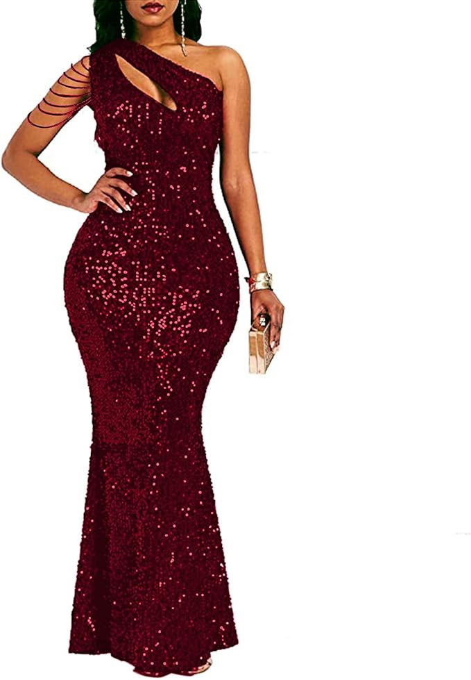 Cololura Women Sequin Elegant Sexy One Shoulder Tassel Mermaid Bodycon Cocktail Evening Dress | Amazon (US)
