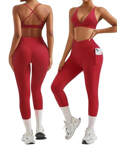 RXRXCOCO 2 Piece Workout Sets for Women Strappy Sports Bra Booty Leggings with Pockets Yoga Gym Outfits Red Large | Amazon (US)